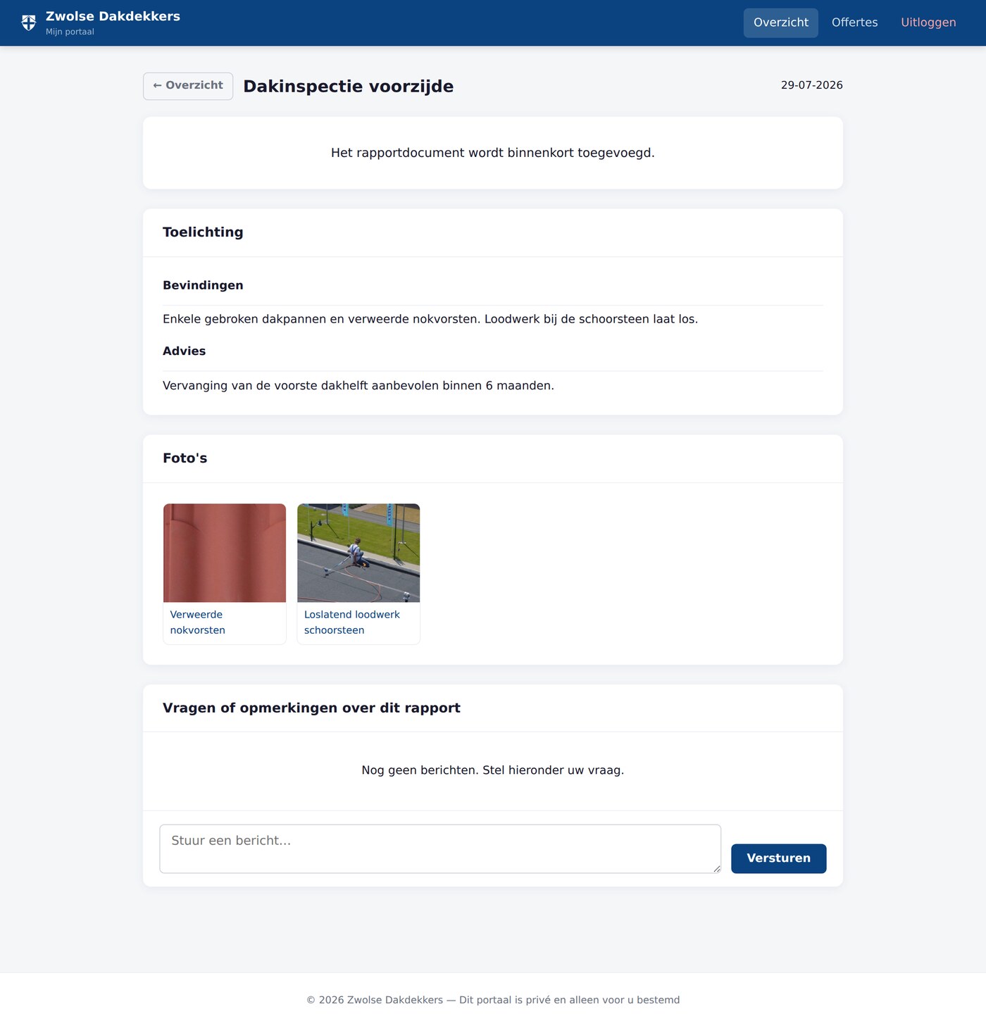 Dakinspectierapport met bevindingen en advies in het klantenportaal