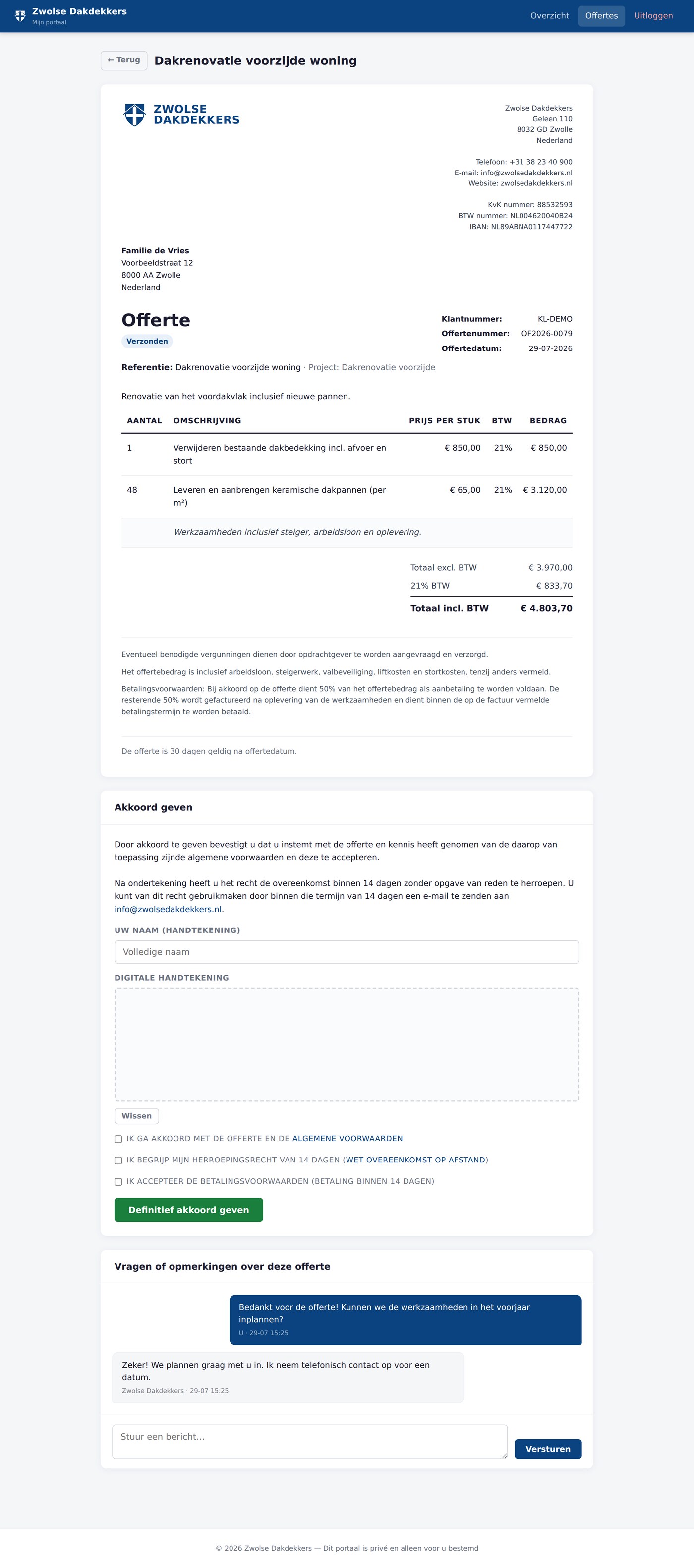 Offerte in het klantenportaal met de mogelijkheid om digitaal te ondertekenen